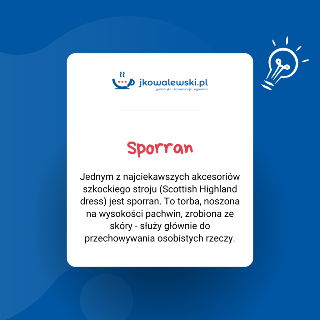 Biała karta z czerwonym słowem Sporran na niebieskim tle. Ile słów ma angielski?